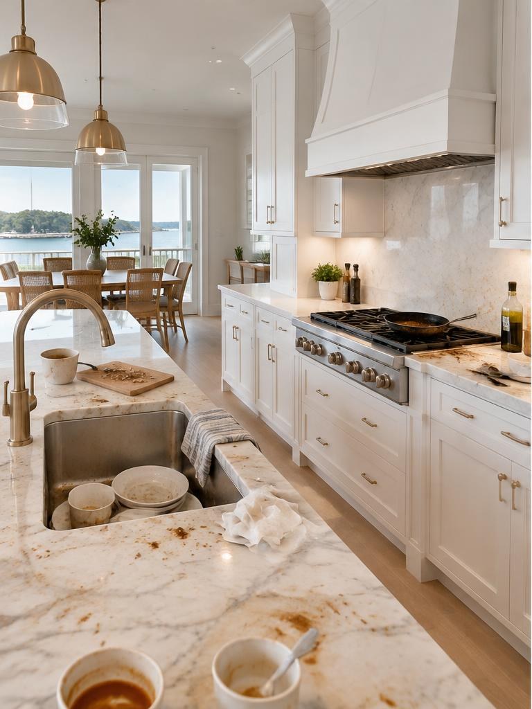 Before: kitchen with dishes and crumbs